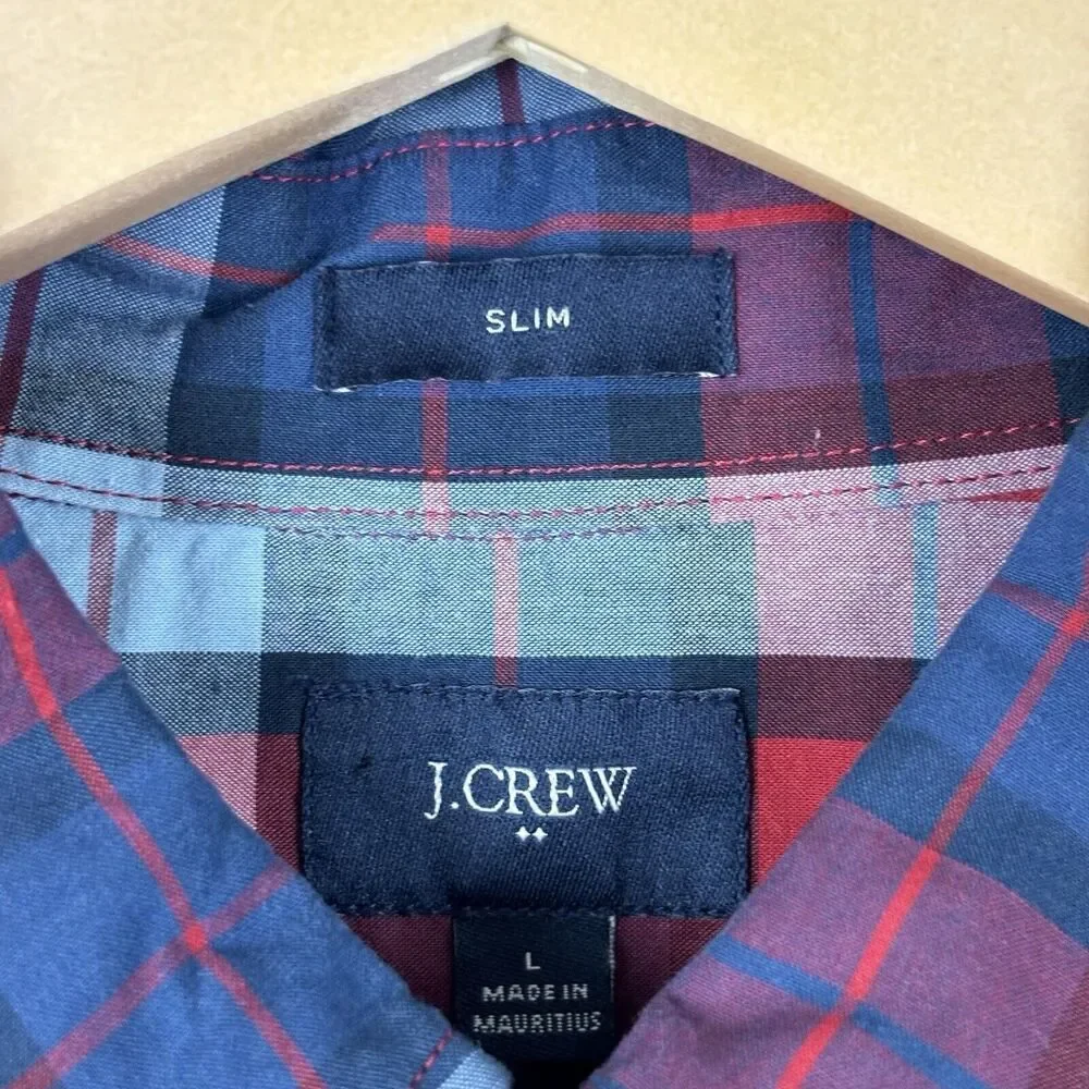 J Crew Red Blue Plaid Men’s Button Up Shirt Size Large Slim Business Preppy Work